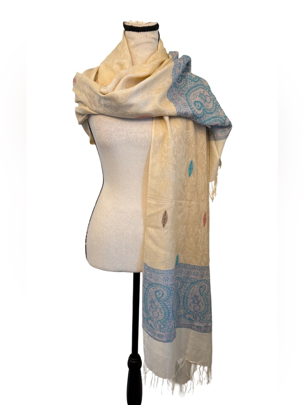 Cream Blue Paisley Wrap Scarf Shawl Large Woven Fringe Boho Resort